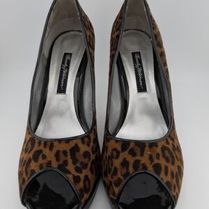 Beverly Feldman Leopard Print Peep-Toe Heels in Brown and Black